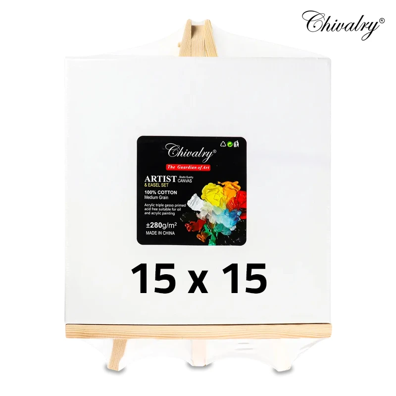 Chivalry Canvas Board 280 gram With Wood Easel Stand Size 15 x 15 cm , 100 % Cotton Medium Grain , Acrylic Triple Gesso Primed